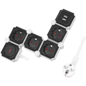 Bloque de 4 tomas flexible con 2xUSB + interruptor - cable (3x1.5mm²) 1,5 m