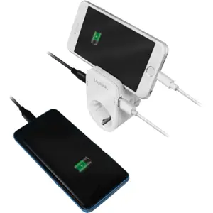 Tomada Schuko pass-through c/ Suporte de telemóvel + 2xUSB-A