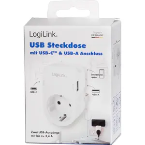 Tomada Schuko pass-through c/ Suporte de telemóvel + USB-A + USB-C