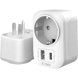 Adaptador de viagem Schuko (tipo F) ➝ USA/Japão (tipo B) c/ 1x USB-A + 1x USB-C (12W)
