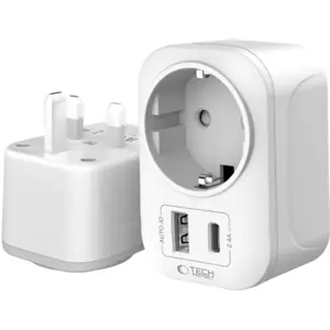 Adaptador de viagem Schuko (tipo F) ➝ UK (tipo G) c/ 1x USB-A + 1x USB-C (12W)