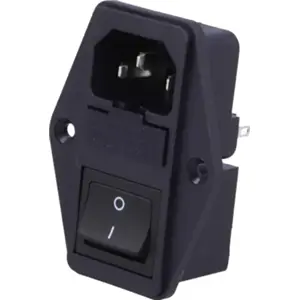 Ficha IEC C14 (macho) 3 pinos 10A de painel c/ interruptor + 2 fusíveis 5x20mm