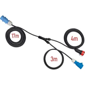 Cabo adaptador monofásico em Y - ficha CEE 16A macho (17m) - CEE 16A fêmea (3m) + Schuko (4m)