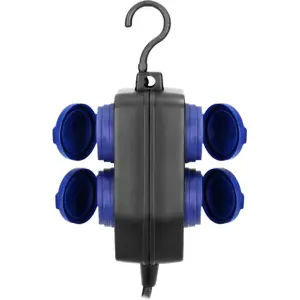 Bloco de 4 tomadas Schuko (2+2) 2P+E - cabo (3x1.5mm²) c/ tampas e gancho - 5.0m - IP44
