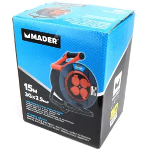 Extensão elétrica (3G2.5mm²) c/ enrolador + pega extensível + 4 tomadas + disjuntor - IP44 - 15m