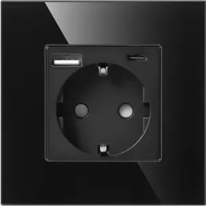 Tomada preta de parede Schuko 230VAC 16A c/ USB-A + USB-C (20W máx.)