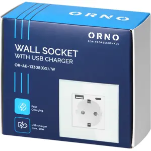 Tomada branca de parede Schuko 230VAC 16A c/ USB-A + USB-C (20W máx.)