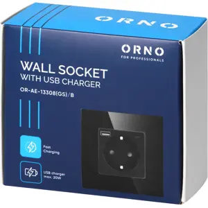 Tomada preta de parede Schuko 230VAC 16A c/ USB-A + USB-C (20W máx.)