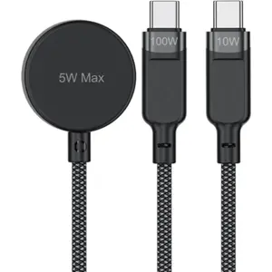 Cabo 3-em-1 USB-C ➝ 2x USB-C (100W+10W) + Apple Watch 5W Qi Charger - 1.2m