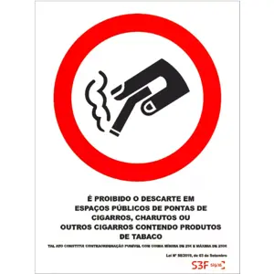 Placa de sinalização PVC ''Proibido o descarte em espaço públicos de pontas de cigarros'' - 150x100m