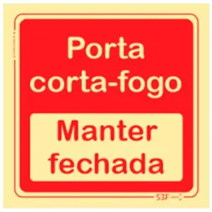 Placa de sinalização fotoluminescente 'Porta corta fogo - Manter fechada'' - 150x150mm