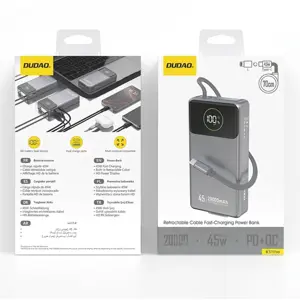 Powerbank 20000mAh 45W PD+QC+OPPO VOOC (USB-C + USB-A) c/ cabo USB-C retrátil e display LED - Cinza