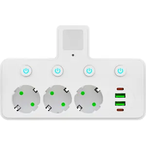 Ficha triple con interruptores individuales y 2x USB-A + 2x USB-C y luz de presencia