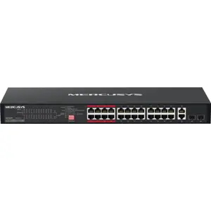 Switch 24 puertos (PoE+) + 2x RJ45 Gigabit + 2x SFP Gigabit 295W para rack