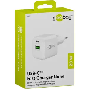 Carregador GaN 1×USB-A QC + 1×USB-C PD (20W) - Branco
