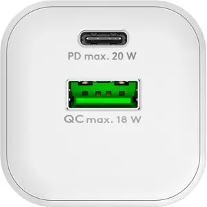 Carregador GaN 1×USB-A QC + 1×USB-C PD (20W) - Branco