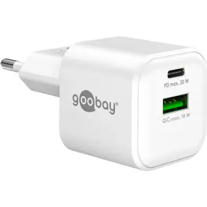 Carregador GaN 1×USB-A QC + 1×USB-C PD (20W) - Branco