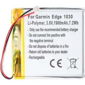 Bateria p/ GPS compatível com Garmin Edge 1030, Li-Polymer, 3.8V, 1900mAh