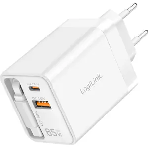 Carregador GaN USB-A (QC) + USB-C + cabo retrátil USB-C (PD) 65W - branco