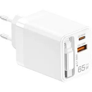 Carregador GaN USB-A (QC) + USB-C + cabo retrátil USB-C (PD) 65W - branco