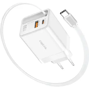 Carregador GaN USB-A (QC) + USB-C + cabo retrátil USB-C (PD) 65W - branco