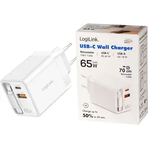 Carregador GaN USB-A (QC) + USB-C + cabo retrátil USB-C (PD) 65W - branco