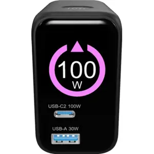 Carregador GaN PD+QC 100W (2x USB-C + 1x USB-A) c/ visor LCD + cabo retrátil USB-C