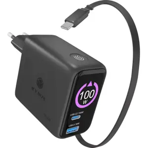 Carregador GaN PD+QC 100W (2x USB-C + 1x USB-A) c/ visor LCD + cabo retrátil USB-C