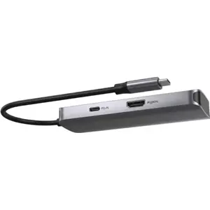 Hub adaptador 5P (2xUSB-A 5Gbps + 1xUSB-C 5Gbps + 1x USB-C PD 100W + 1x HDMI 4K) c/ botão écrã