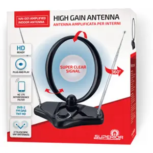 Antena TV Terrestre amplificada TDT FM/VHF/UHF 30dB c/ filtro 4G LTE