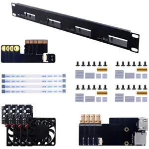 Suporte Rack 1U 19'' para 4× Raspberry Pi 4B com Ventoinhas e Adaptadores HDMI/microSD