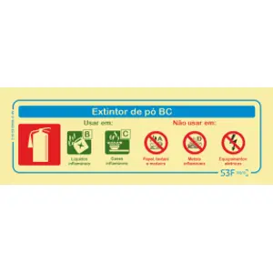 Placa de sinalização fotoluminescente ''Extintor de pó BC'' - 240x85mm