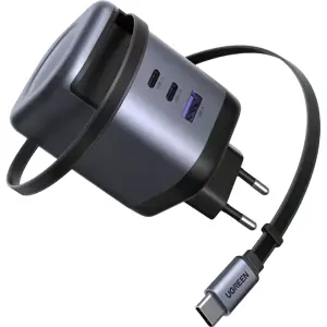 Carregador GaN PD c/ 2x USB-C + 1x USB-A + cabo retrátil USB-C 100W