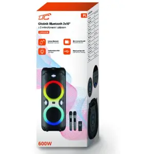 Coluna Bluetooth Portátil 600W 2x10''(USB/BT/SD/AUX) TWS LED RGB + 2 microfones