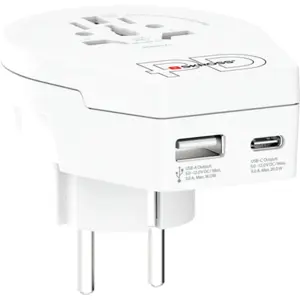 Adaptador de viagem Universal ➝ Schuko (tipo F) c/ 1x USB-A + 1x USB-C (20W)