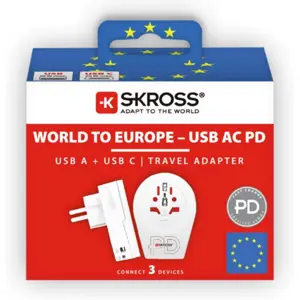 Adaptador de viagem Universal ➝ Schuko (tipo F) c/ 1x USB-A + 1x USB-C (20W)