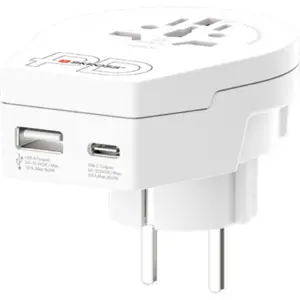 Adaptador de viagem Universal ➝ Schuko (tipo F) c/ 1x USB-A + 1x USB-C (20W)
