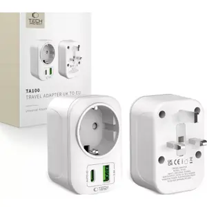 Adaptador de viagem Schuko (tipo F) ➝ UK (tipo G) c/ 1x USB-A + 1x USB-C (12W)