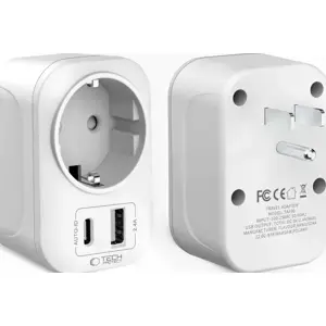Adaptador de viagem Schuko (tipo F) ➝ USA/Japão (tipo B) c/ 1x USB-A + 1x USB-C (12W)