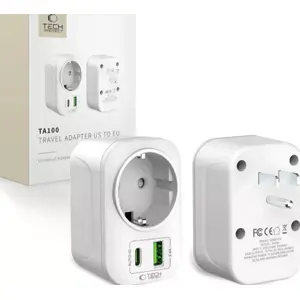Adaptador de viagem Schuko (tipo F) ➝ USA/Japão (tipo B) c/ 1x USB-A + 1x USB-C (12W)
